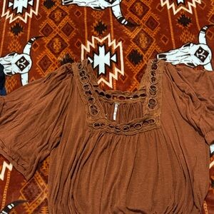 Free People Rust/Brown Crochet-Trim Peasant Blouse